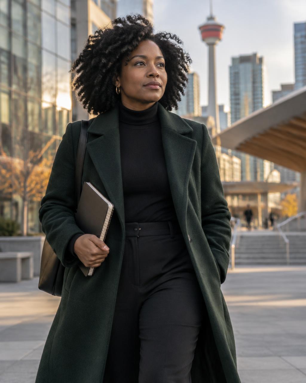 A Black woman moving purposefully through downtown Calgary